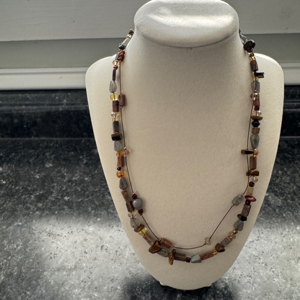 Handmade Beaded Stone Necklace with Leaf Closure